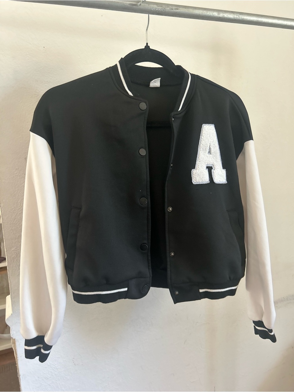 Black & White Varsity Jacket with Letter A spandex Polyester stretch L kids